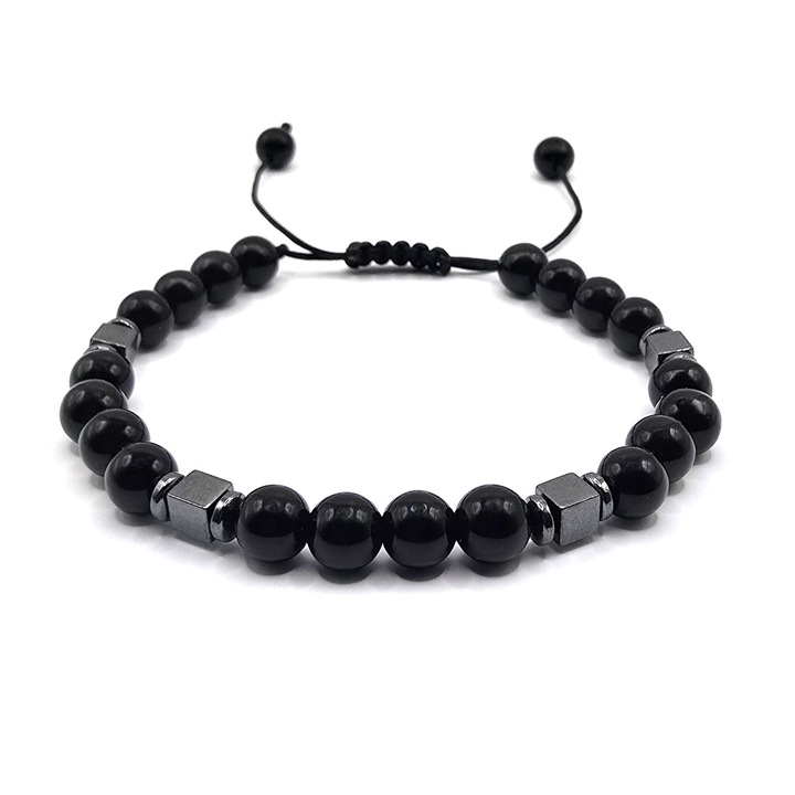 Bratara barbat, Lexy's Boutique, ajustabila, onix si hematit, negru/argintiu, 16x25cm