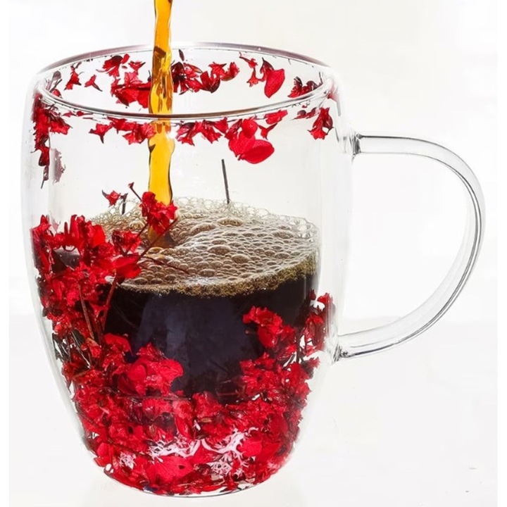 Cana cu flori uscate, perete dublu, sticla borosilicata, izolare termica, 200 ml, transparent, Rosii