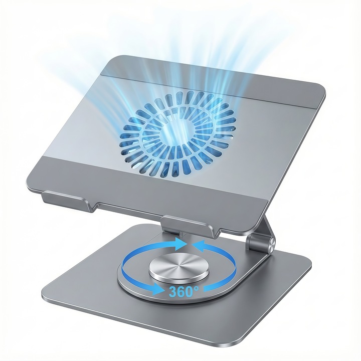 Stand Laptop Rotativ 360, Omelivon, Gri, Inaltime Reglabila, Suporta 10KG, Pliabil