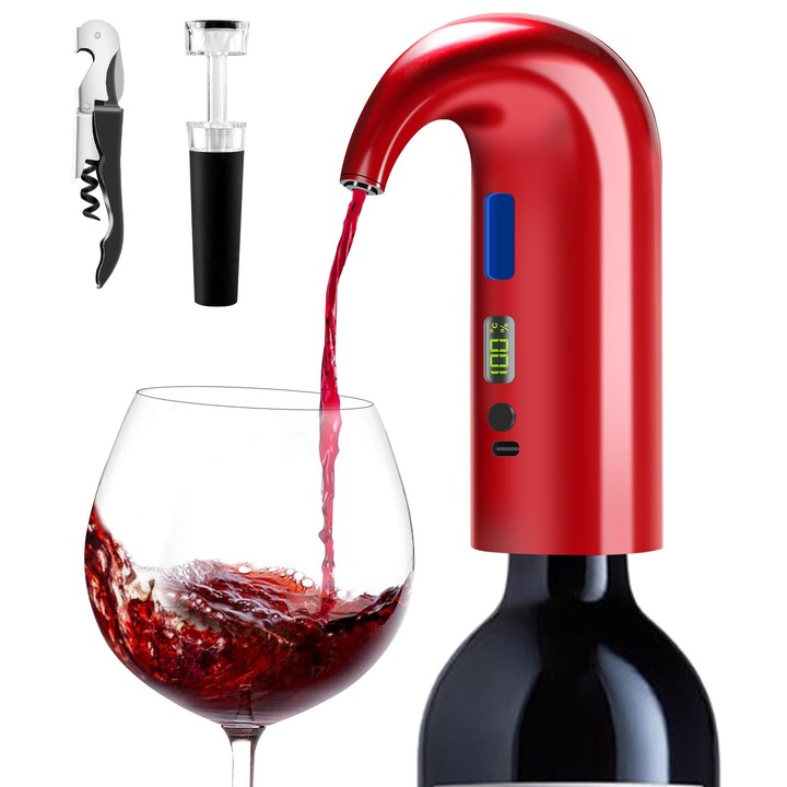 Decantor Electric pentru Vin, WALALLA, Aerator Automat, Cu Afisaj Temperatura, Rosu, 900ml