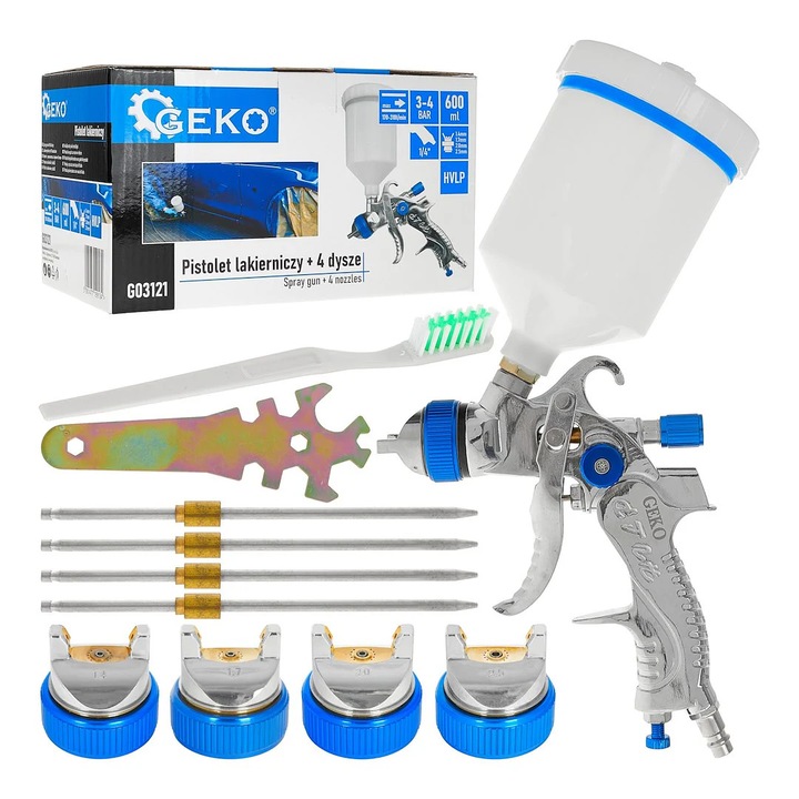 HVLP festékszóró pisztoly 4 fúvókával, 1.4 / 1.7 / 2.0 / 2.5, Geko G03121