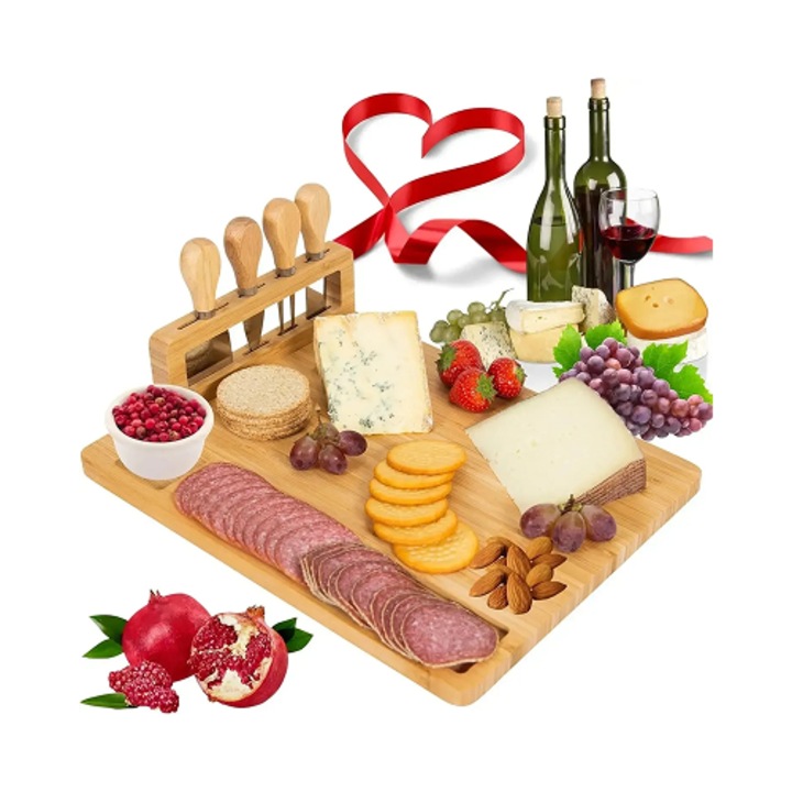 Platou de servire din bambus cu set de 4 cutite pentru branzeturi, compartimentat, 34x28x2cm