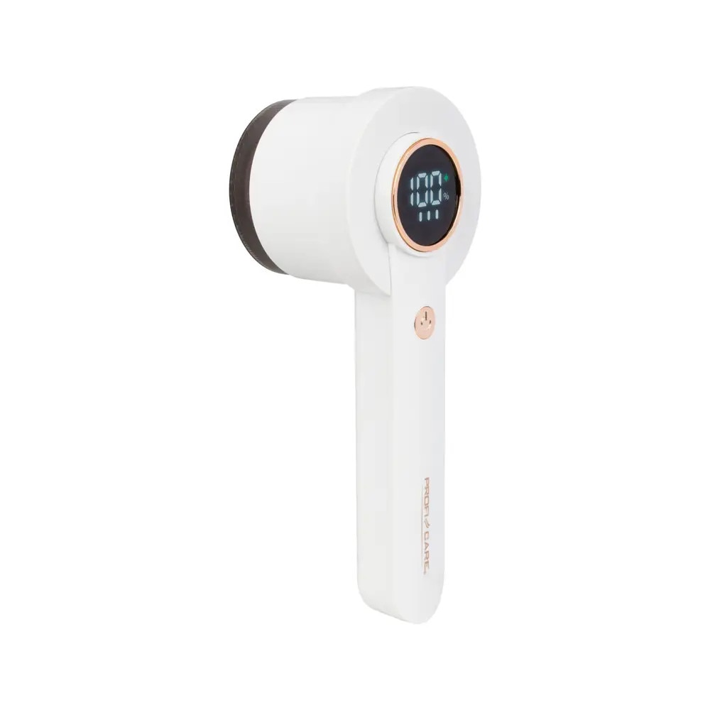 Aparat de curatat scame ProfiCare, 8000 rpm, ecran LED, afisare procentaj baterie/viteza, potrivit pentru haine/mobilier/paturi/covoare, 6 lame otel, operare intuitiva, capat detasabil, recipient scame, oprire de siguranta, incarcare USB-C, alb