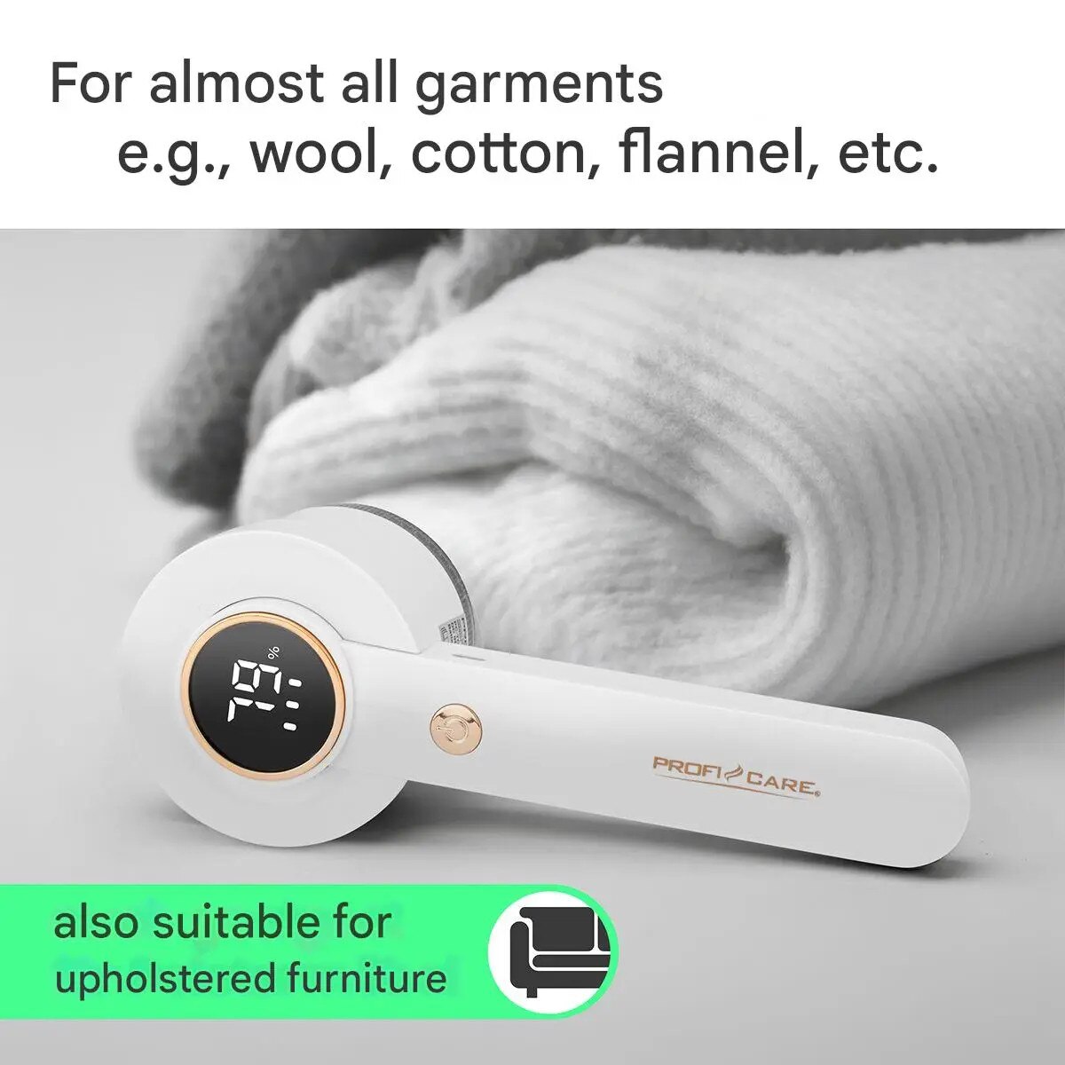 Aparat de curatat scame ProfiCare, 8000 rpm, ecran LED, afisare procentaj baterie/viteza, potrivit pentru haine/mobilier/paturi/covoare, 6 lame otel, operare intuitiva, capat detasabil, recipient scame, oprire de siguranta, incarcare USB-C, alb