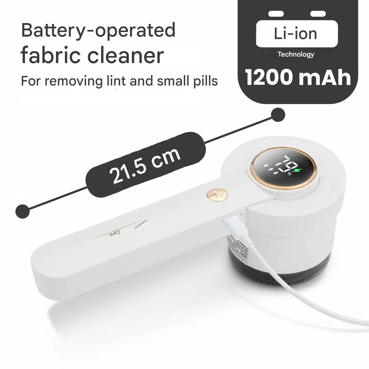 Aparat de curatat scame ProfiCare, 8000 rpm, ecran LED, afisare procentaj baterie/viteza, potrivit pentru haine/mobilier/paturi/covoare, 6 lame otel, operare intuitiva, capat detasabil, recipient scame, oprire de siguranta, incarcare USB-C, alb