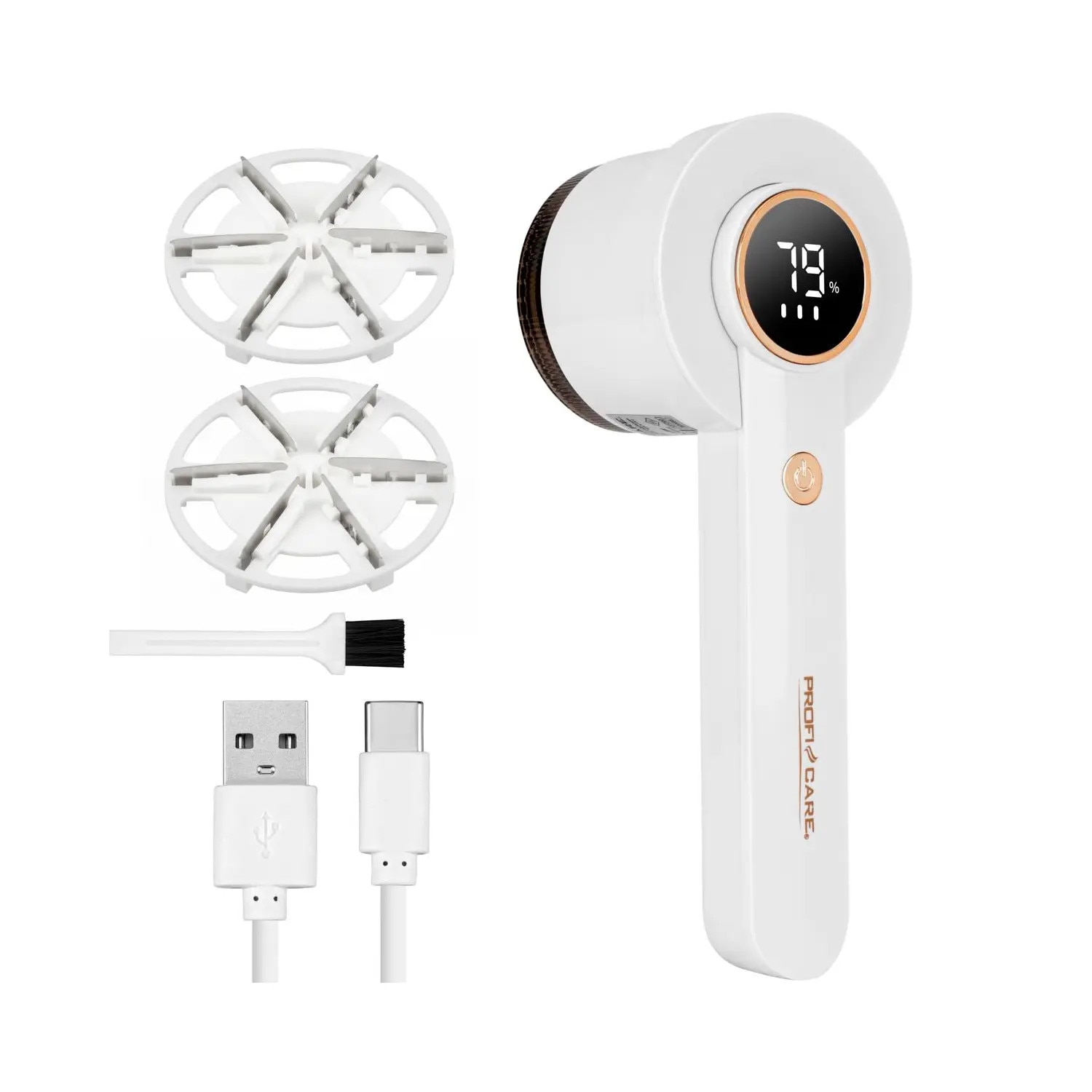 Aparat de curatat scame ProfiCare, 8000 rpm, ecran LED, afisare procentaj baterie/viteza, potrivit pentru haine/mobilier/paturi/covoare, 6 lame otel, operare intuitiva, capat detasabil, recipient scame, oprire de siguranta, incarcare USB-C, alb