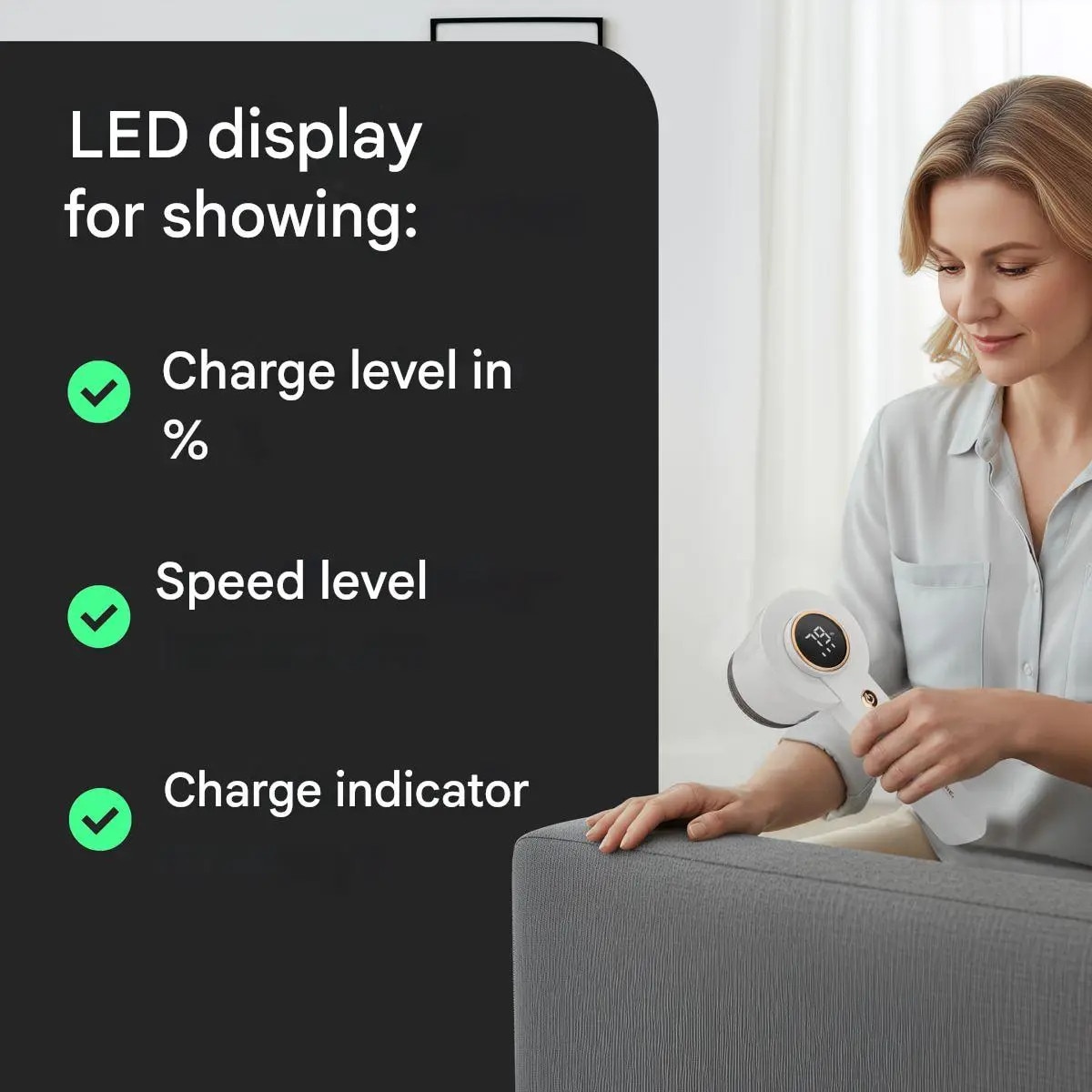 Aparat de curatat scame ProfiCare, 8000 rpm, ecran LED, afisare procentaj baterie/viteza, potrivit pentru haine/mobilier/paturi/covoare, 6 lame otel, operare intuitiva, capat detasabil, recipient scame, oprire de siguranta, incarcare USB-C, alb