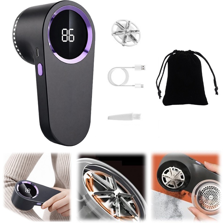 Aparat de ras digital cu LED pentru tesaturi - 6 lame, include sase lame, cablu de incarcare, perie de curatare, incarcare rapida USB-C, indeparteaza usor scamele