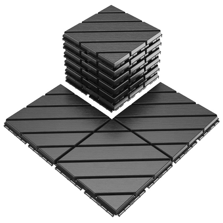 Set 11 Placi pentru Terasa Teno®, tip mozaic din lemn, durabile, prindere prin imbinare, PVC, 30 x 30 cm, negru
