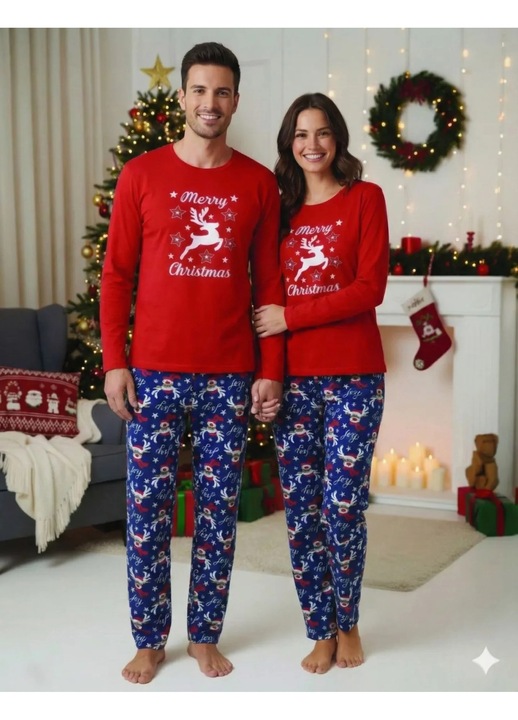 Set Pijamale Dama & Barbati Toski, Craciun, Bluza Rosie & Pantaloni Bleumarin, Bluza Verde & Pantaloni Gri, S