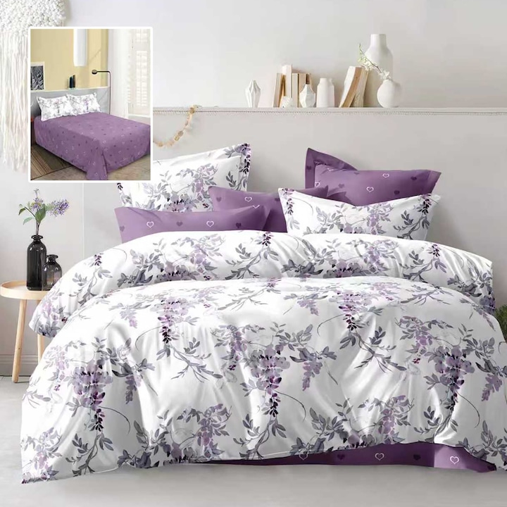 Lenjerie pat dublu Economy 4 piese, cearsaf pat 230x250 cm si pilota 200x230 cm, 2 fete perne 50x70, Eleganta Alb / Lila ECN50