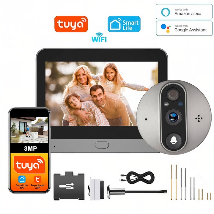 Vizor Electronic Inteligent Wi-Fi, ENZIRO®, Sonerie fara fir cu Camera 1080P HD, 3MP, Ecran LCD 4.3 Inch, Senzor Miscare, Audio Bidirectional, Vizualizare Nocturna 5m, Unghi larg de 166°, Aplicatie Telefon Android/iOS, Baterie Reincarcabila 5000mAh, Gri