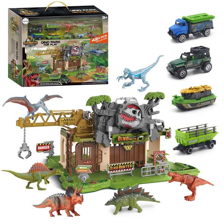 Dinoszaurusz garázs, Mamido, 42 db-os készlet, fém autók, dekorációs kiegészítők