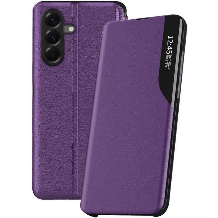 Husa carte pentru Samsung Galaxy A56 5G, Piele ecologica, PU Leather Smart View, Interior microfibra, Functie stand, Rama de plastic antisoc, Acoperire fata-spate, Functie inteligenta ceas digital, compatibila Always-On Display, Mov