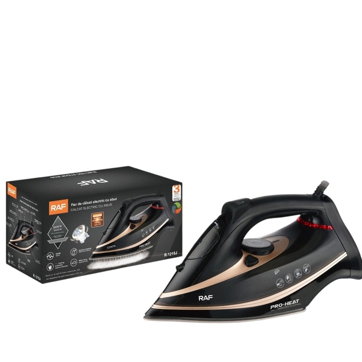 Fier de calcat cu talpa ceramica RAF Express Steam R.1215J, 2600W, Jet de abur 120 g/min, protective la supraincalzire, abur variabil 0-35 g/min, 270 ml, dimensiune 33*16*13cm, negru/gri