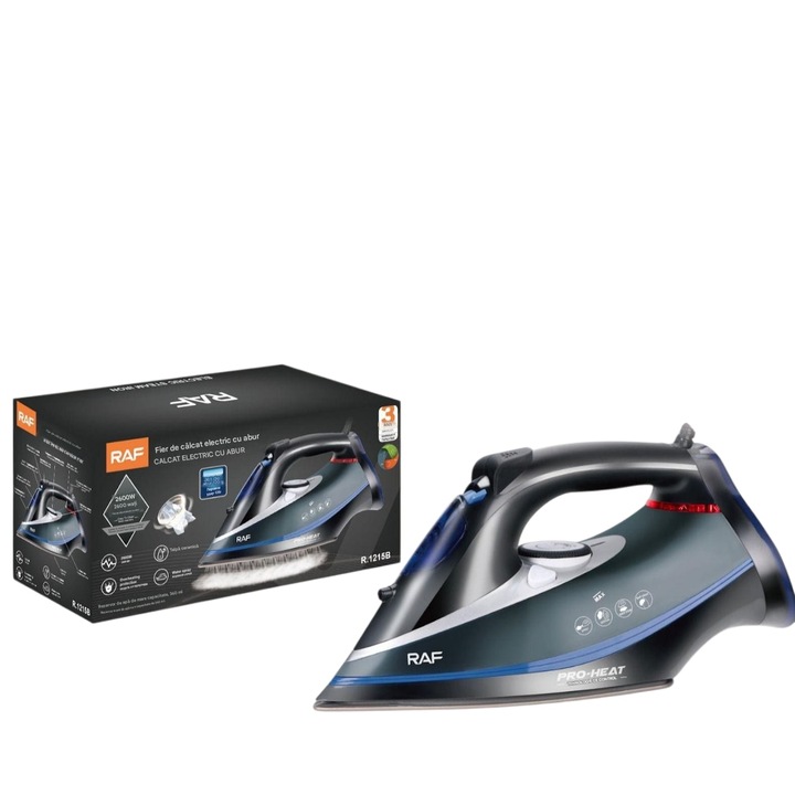Fier de calcat cu talpa ceramica RAF Express Steam R.1215J, 2600W, Jet de abur 120 g/min, protective la supraincalzire, abur variabil 0-35 g/min, 270 ml, dimensiune 33*16*13cm, negru/albastru