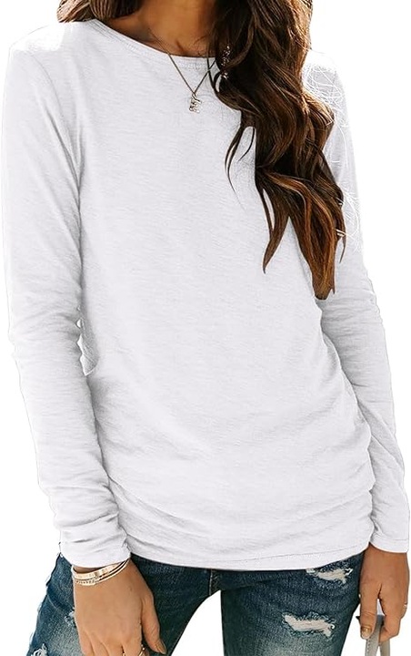 Tricou lejer de vara, cu guler rotund, maneca lunga, alb, Alb