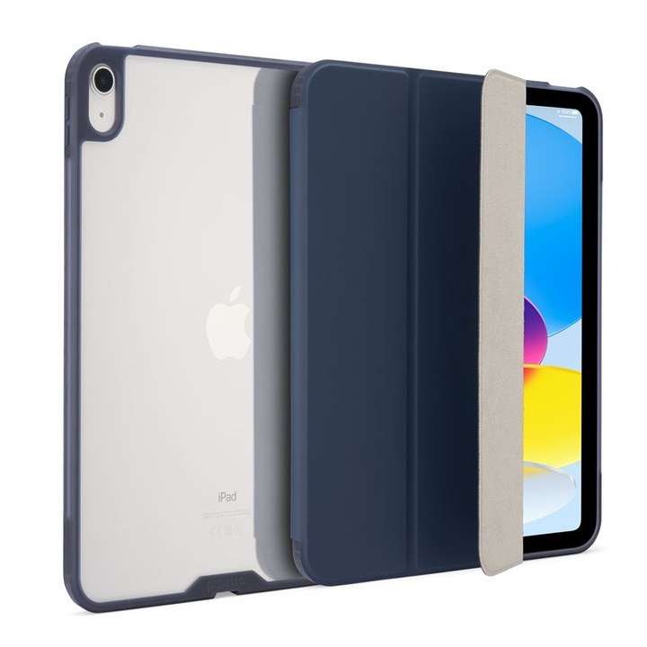 Husă flip cover Pipetto Origami No7 Tri-Folio, albastru închis, pentru iPad (A16) / iPad 2022, suport Apple Pencil, design subțire