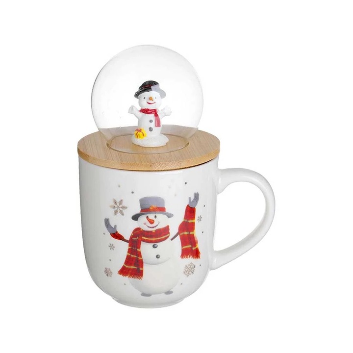 Cana de Crăciun Housevetta, Om de zăpadă, glob de sticlă, capac bambus, 500 ml