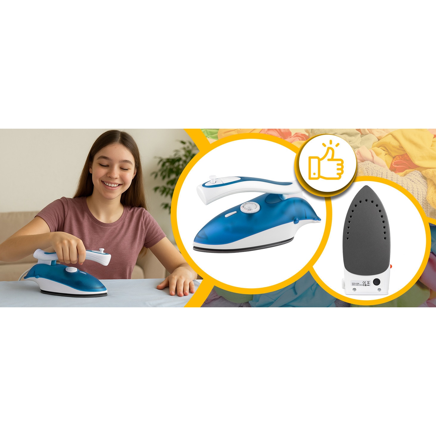 Fier de Calcat RETOO TechPro, 800W, Capacitate Rezervor 80 ml, Design Usor si Compact pentru Transport Facil, Maner Pliabil Perfect pentru Calatorii, Alb-Albastru