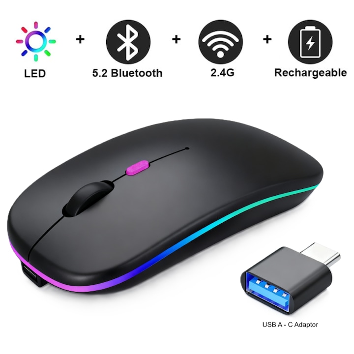 Mouse optic wireless cu mod dual 2.4G si Bluetooth, cu iluminare RGB, receptor USB, adaptor USB A-C, butoane de dezactivare sunet, reglabil 800/1200/1600 DPI, pentru laptop PC Mac, negru