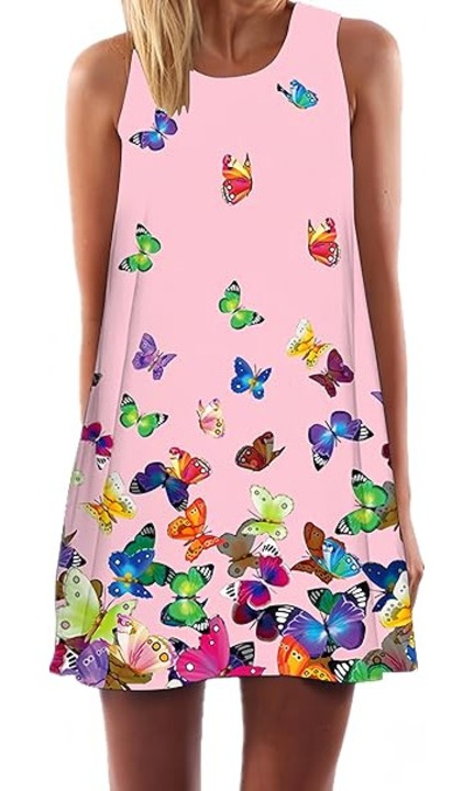 Rochie scurta vaporoasa de plaja, fara maneci, roz cu fluturi, XL 40-42 EU