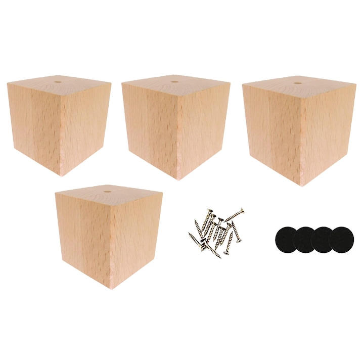Picior pentru mobilier din lemn, cub brut 5x5x5 cm, set cu elemente de fixare