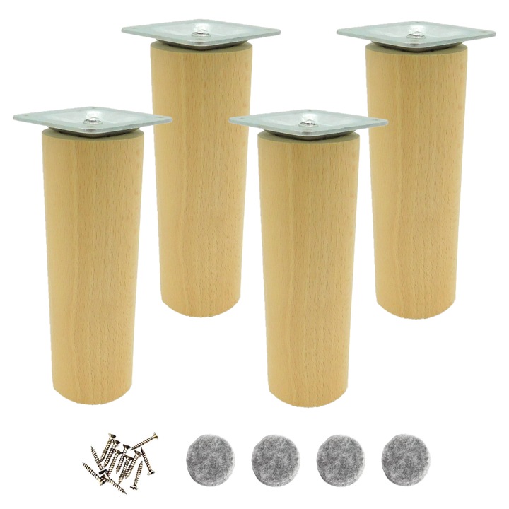 Picioare pentru mobilier din lemn, cilindrice, diametru 40 mm, fag brut, 15 cm, cu set de montare