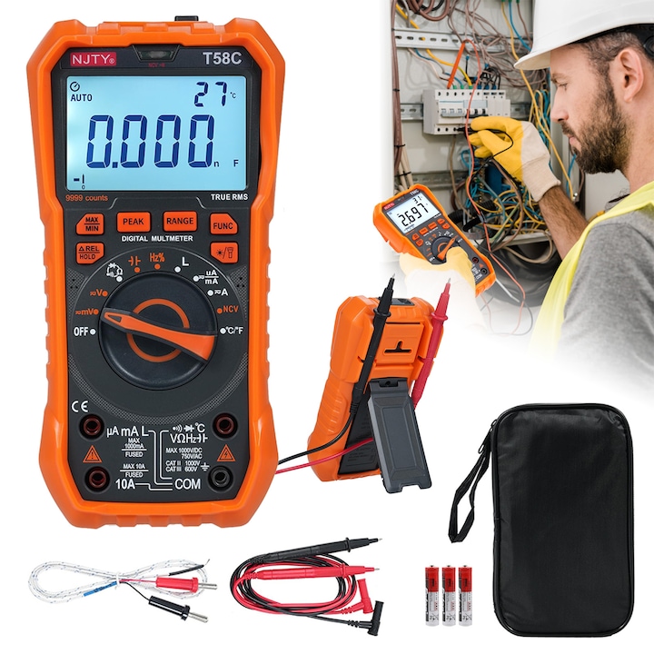 Excitat®，T58CMultimetru Digital pentru Masurarea Tensiunii DC si AC, Masoara Curentul, Rezistenta, Testeaza Firul in Curent, Continuitatea, Detectie automata, Afisaj LCD, potrivit pentru testarea electrica indstriala si casnica