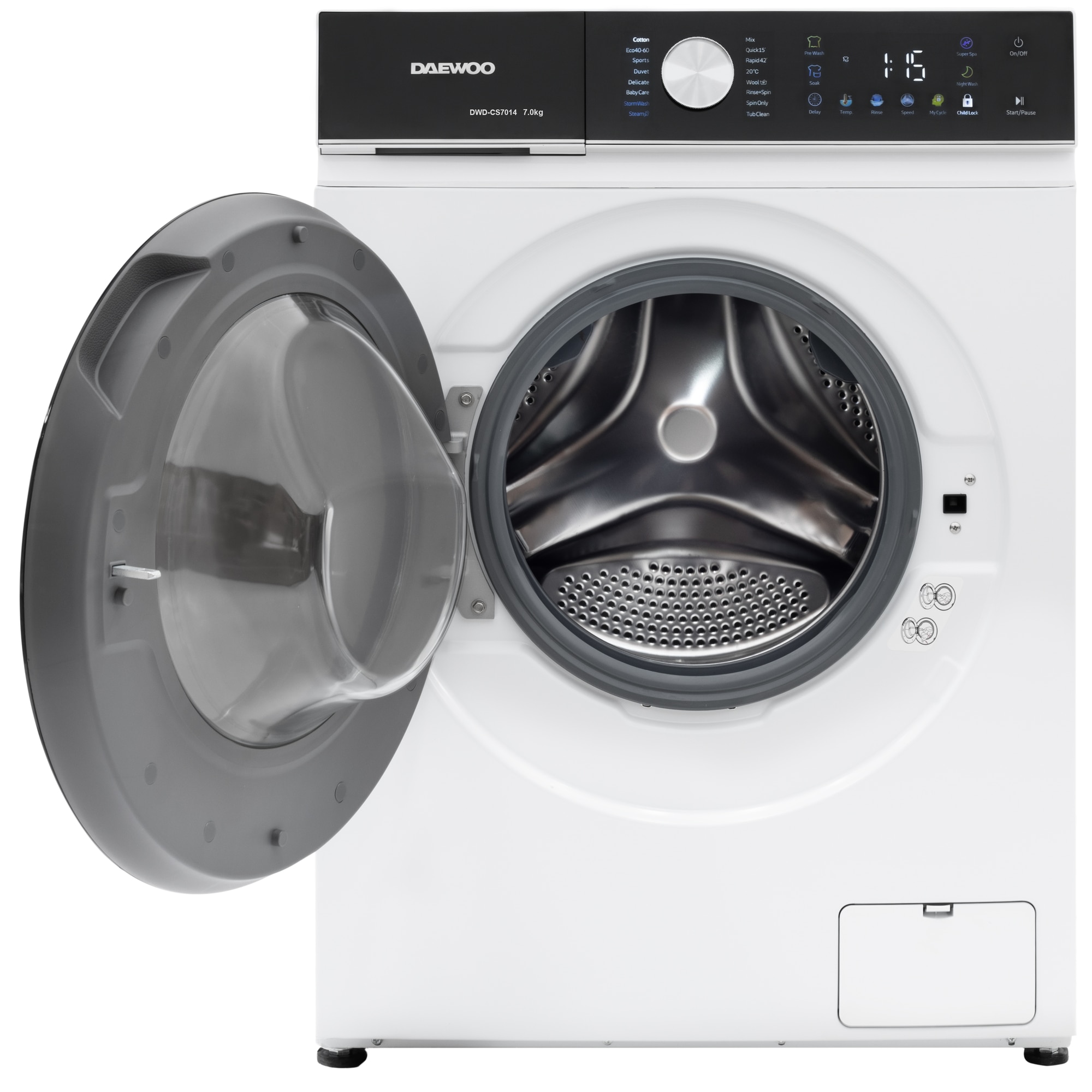 Masina de spalat rufe Daewoo DWD-CS7014, 7 kg, motor inverter, 1400 rpm, clasa A-10%, 16 programe, butoane touch, panou de control negru cu pictograme colorate, usa dubla neagra (PC Cover), culoare Alb