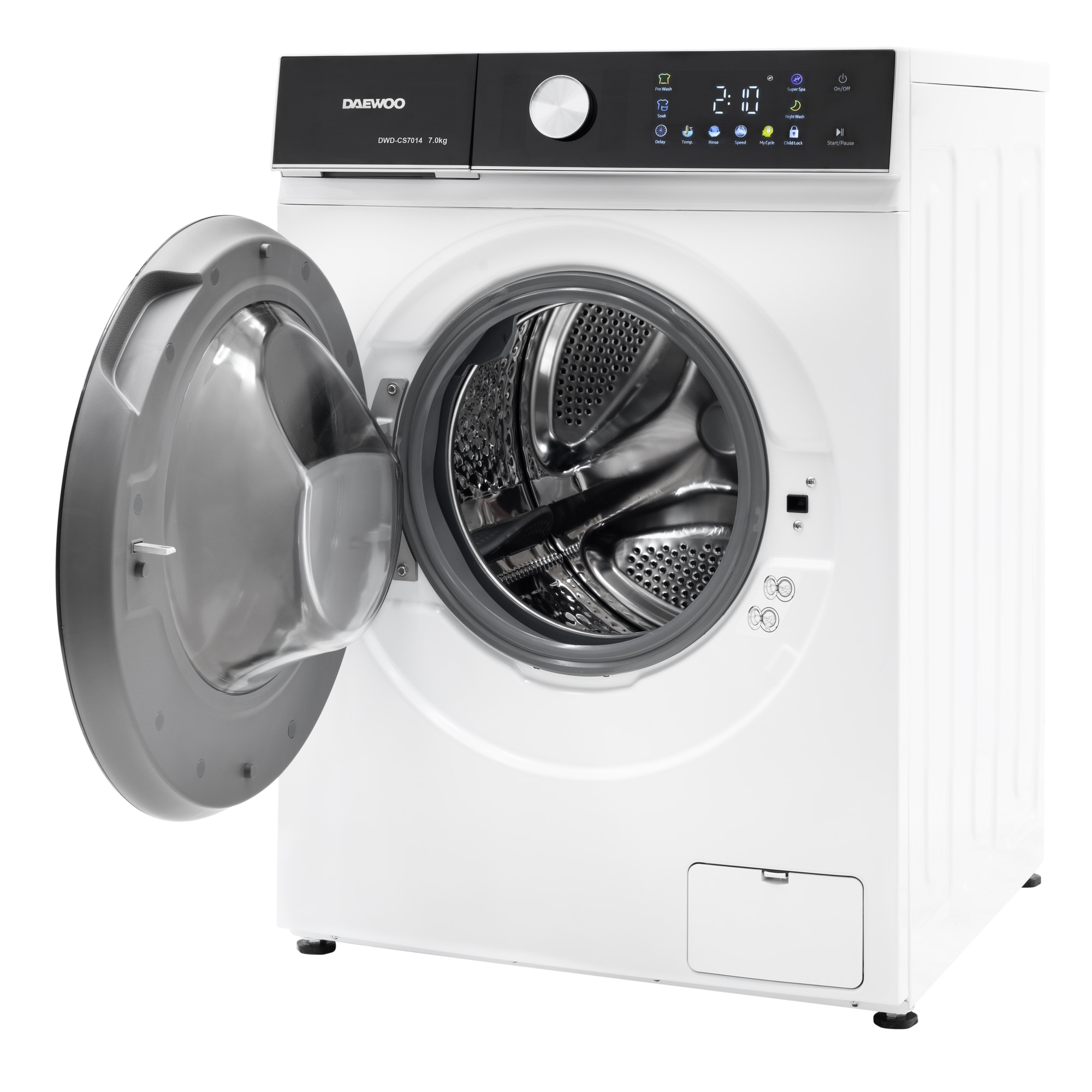 Masina de spalat rufe Daewoo DWD-CS7014, 7 kg, motor inverter, 1400 rpm, clasa A-10%, 16 programe, butoane touch, panou de control negru cu pictograme colorate, usa dubla neagra (PC Cover), culoare Alb