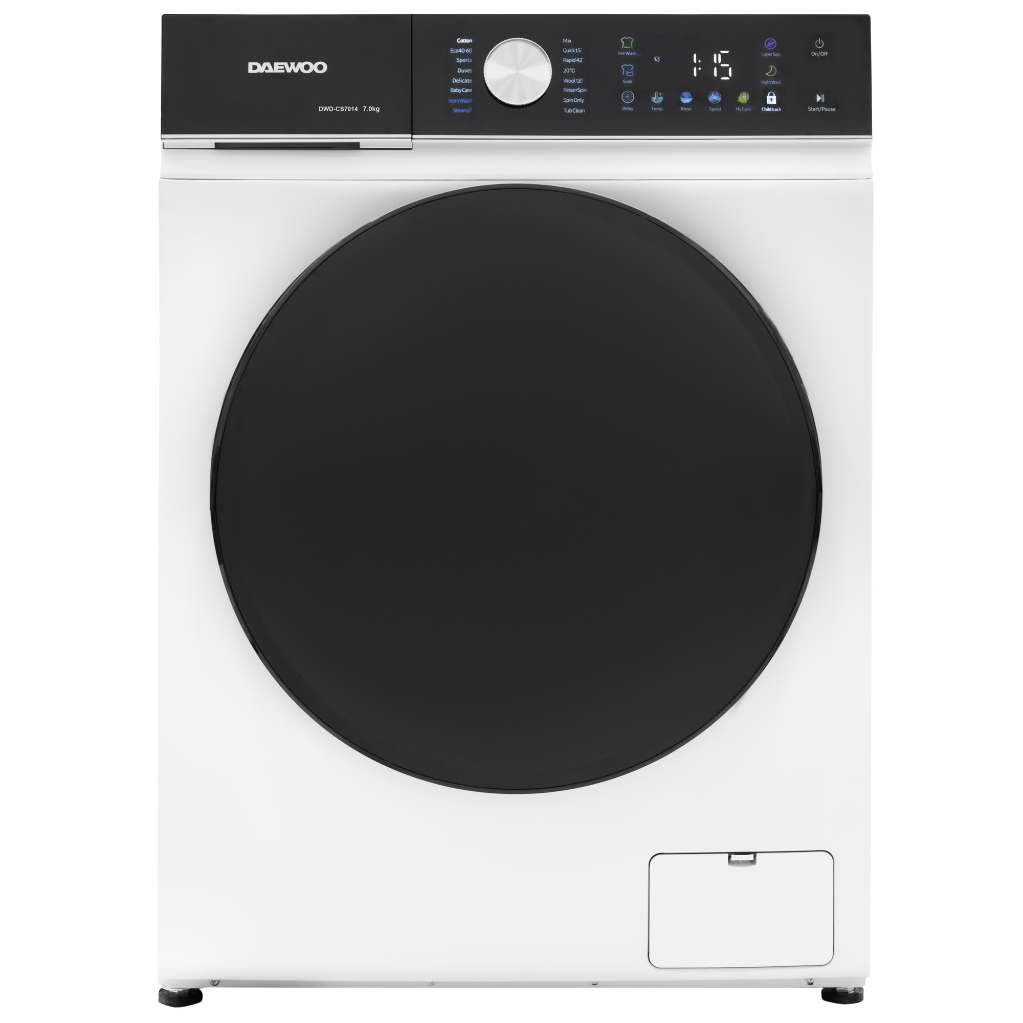Masina de spalat rufe Daewoo DWD-CS7014, 7 kg, motor inverter, 1400 rpm, clasa A-10%, 16 programe, butoane touch, panou de control negru cu pictograme colorate, usa dubla neagra (P