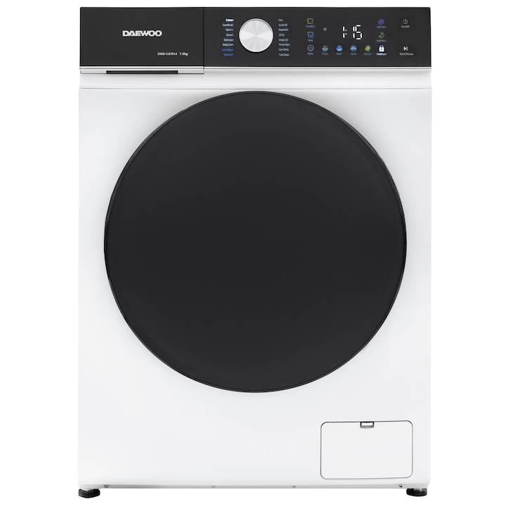 Daewoo DWD-CS7014 mosógép, 7 kg, Inverter motor, 1400 RPM, 16 program, Érintőgombok, Fekete kezelőpanel színes ikonokkal, Fekete dupla ajtó (PC borítás), A-10% energiaosztály, Fehér