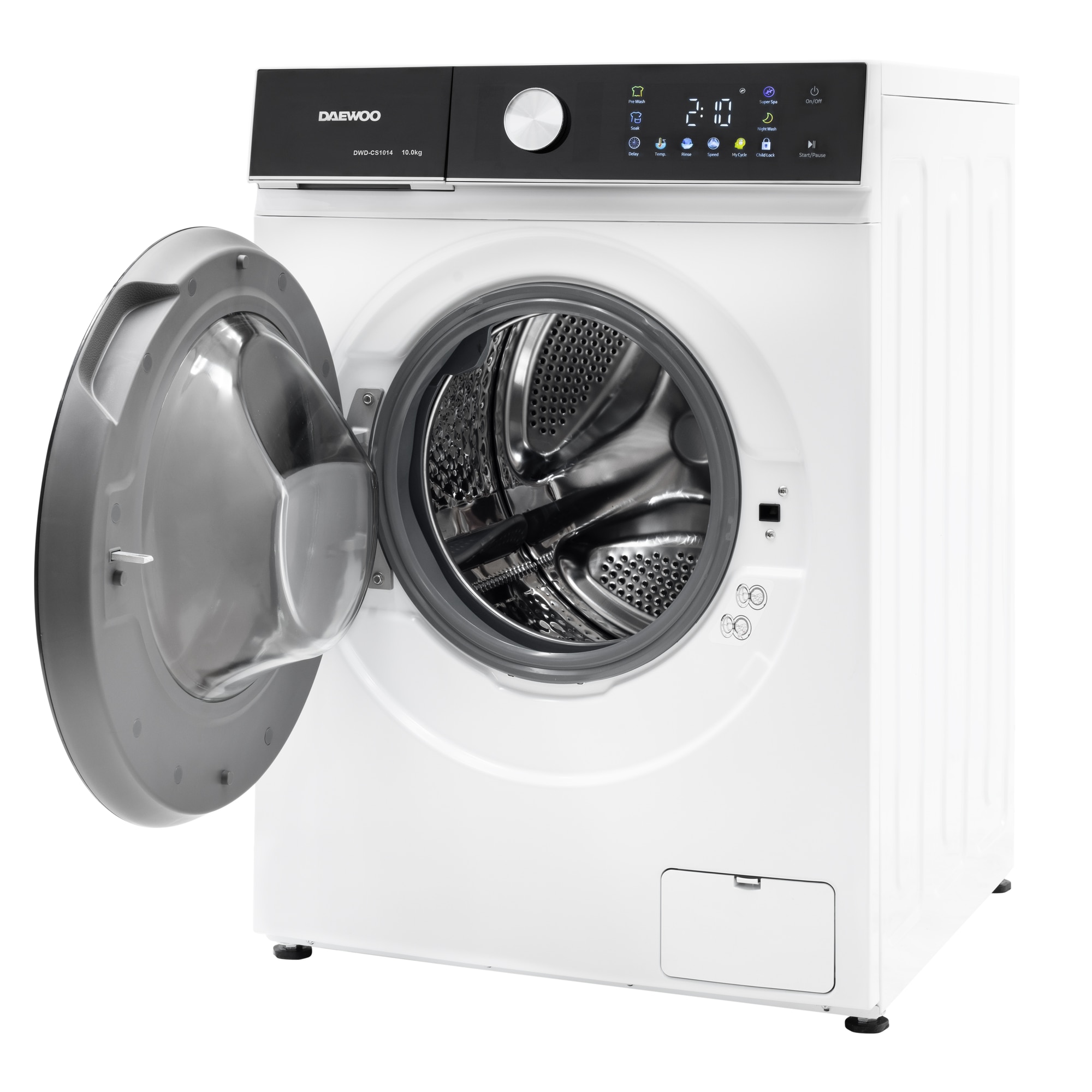 Masina de spalat rufe Daewoo DWD-CS1014, 10 kg, motor inverter, 1400 rpm, clasa A-30%, 16 programe, butoane touch, panou de control negru cu pictograme colorate, usa dubla neagra (PC Cover), culoare Alb