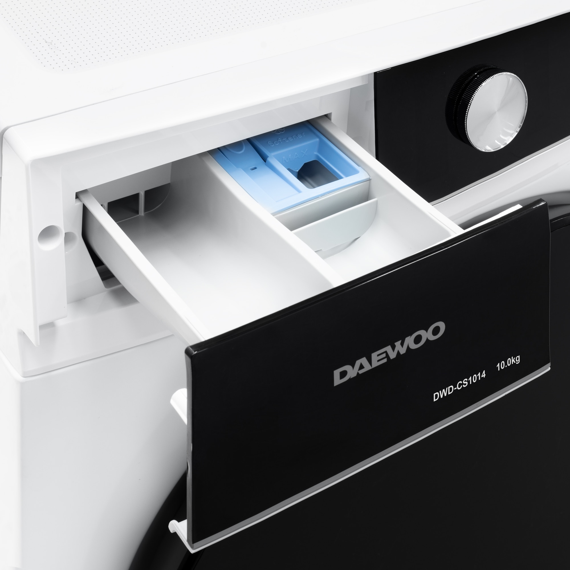 Masina de spalat rufe Daewoo DWD-CS1014, 10 kg, motor inverter, 1400 rpm, clasa A-30%, 16 programe, butoane touch, panou de control negru cu pictograme colorate, usa dubla neagra (PC Cover), culoare Alb