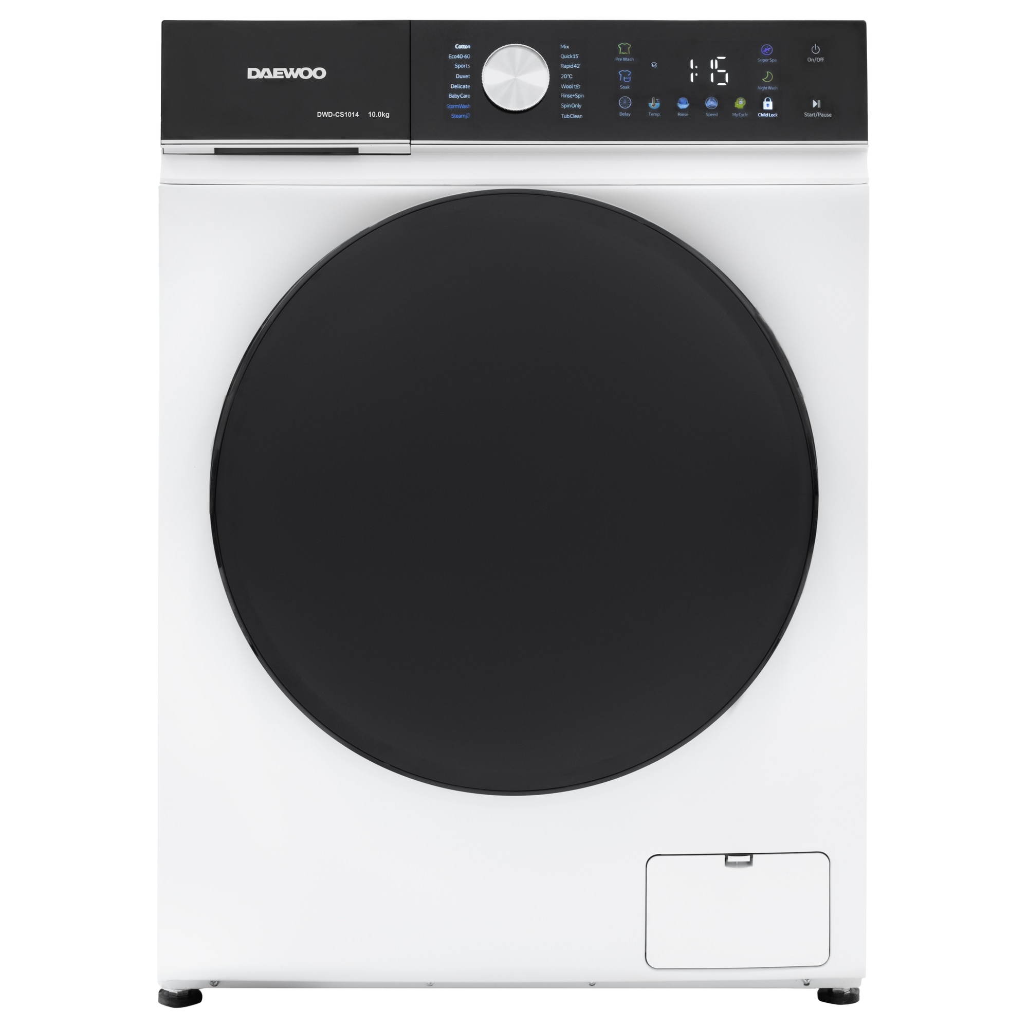 Masina de spalat rufe Daewoo DWD-CS1014, 10 kg, motor inverter, 1400 rpm, clasa A-30%, 16 programe, butoane touch, panou de control negru cu pictograme colorate, usa dubla neagra (