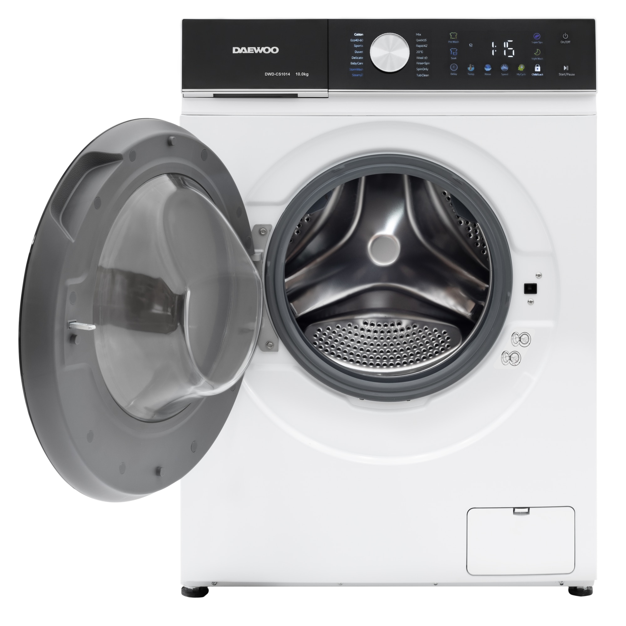 Masina de spalat rufe Daewoo DWD-CS1014, 10 kg, motor inverter, 1400 rpm, clasa A-30%, 16 programe, butoane touch, panou de control negru cu pictograme colorate, usa dubla neagra (PC Cover), culoare Alb