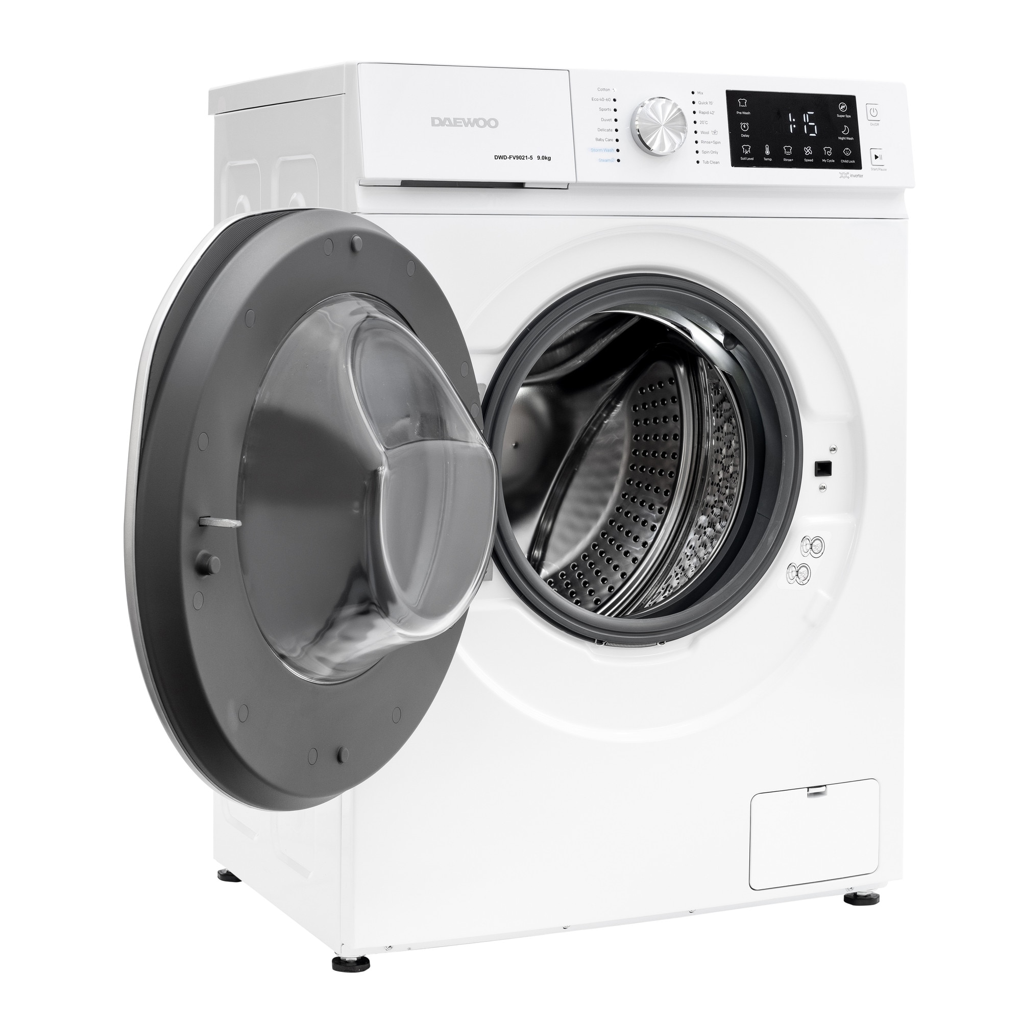 Masina de spalat rufe Daewoo DWD-FV9021-5, 9 kg, motor inverter, 1400 rpm, clasa A-30%, 16 programne, butoane touch, usa dubla neagra (PC Cover), culoare Alb