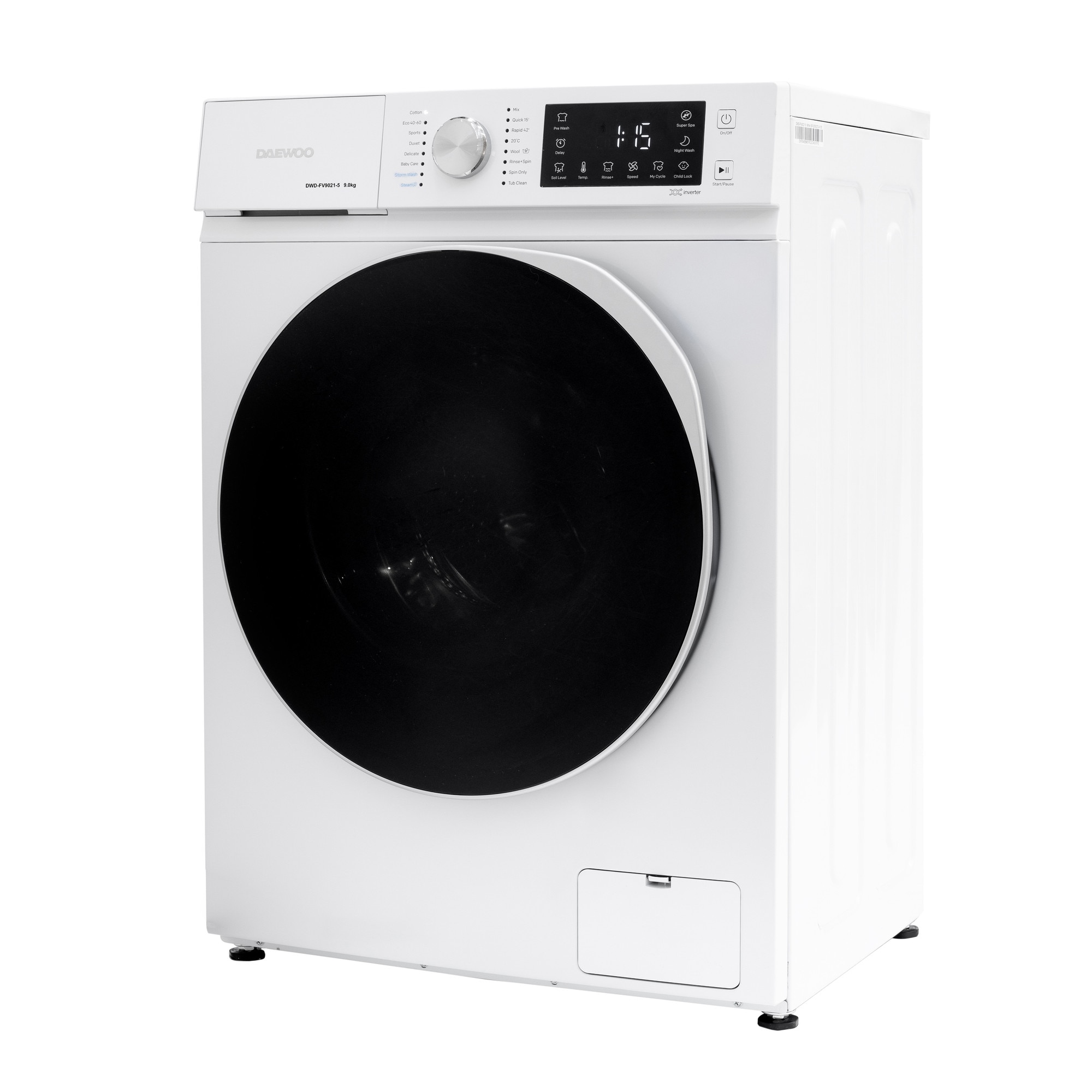 Masina de spalat rufe Daewoo DWD-FV9021-5, 9 kg, motor inverter, 1400 rpm, clasa A-30%, 16 programne, butoane touch, usa dubla neagra (PC Cover), culoare Alb