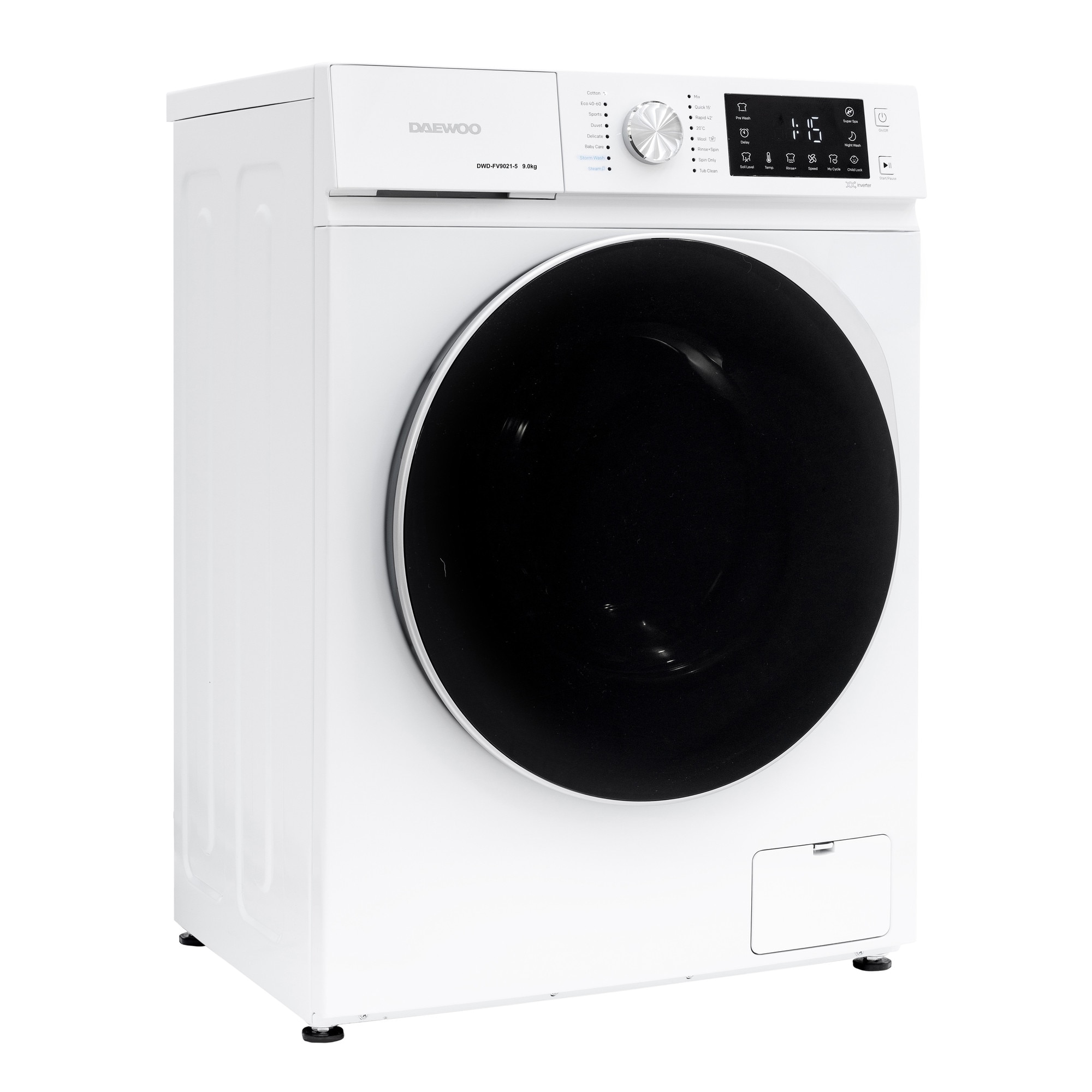 Masina de spalat rufe Daewoo DWD-FV9021-5, 9 kg, motor inverter, 1400 rpm, clasa A-30%, 16 programne, butoane touch, usa dubla neagra (PC Cover), culoare Alb