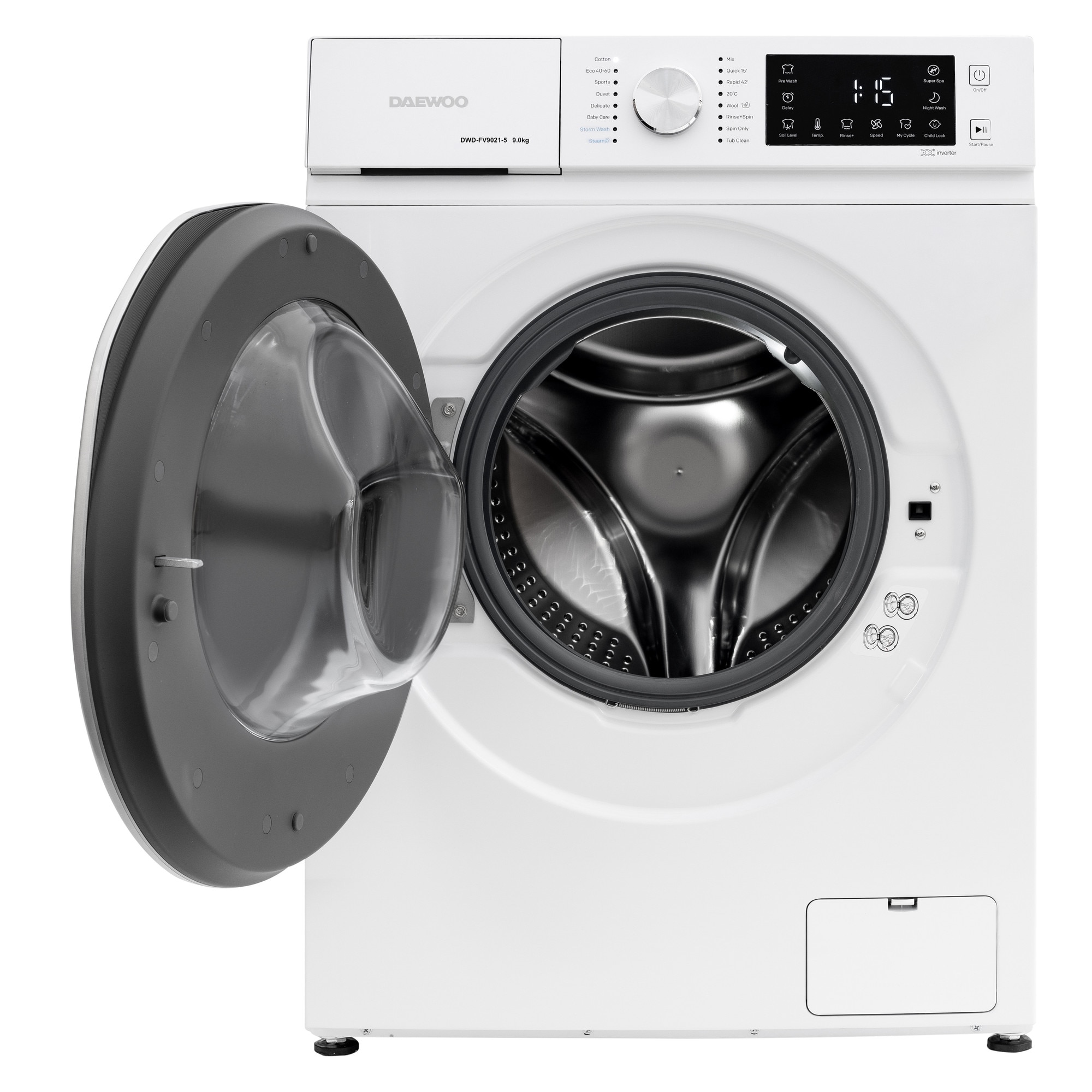 Masina de spalat rufe Daewoo DWD-FV9021-5, 9 kg, motor inverter, 1400 rpm, clasa A-30%, 16 programne, butoane touch, usa dubla neagra (PC Cover), culoare Alb