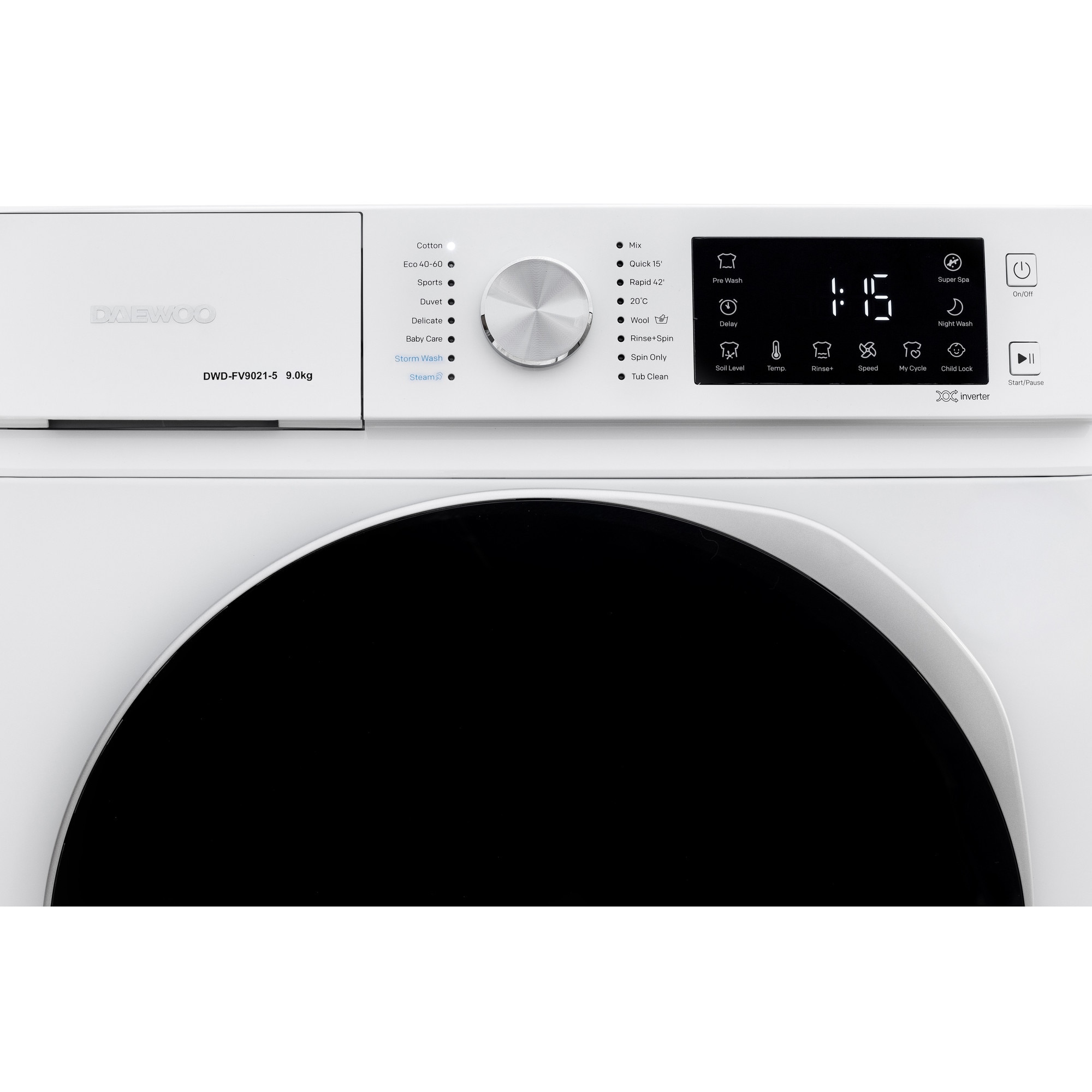 Masina de spalat rufe Daewoo DWD-FV9021-5, 9 kg, motor inverter, 1400 rpm, clasa A-30%, 16 programne, butoane touch, usa dubla neagra (PC Cover), culoare Alb