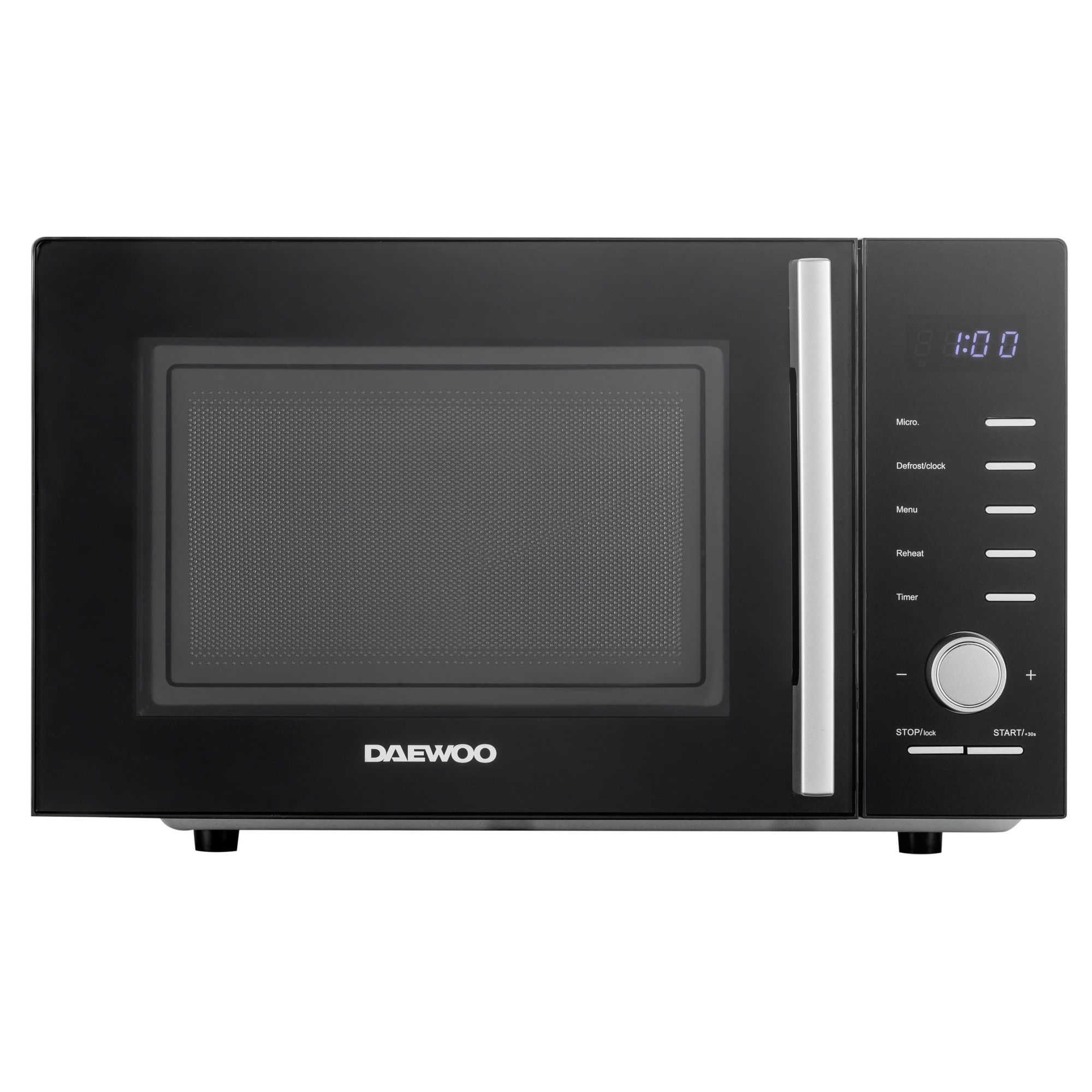 Cuptor cu microunde Daewoo KOR-25RBK, control digital, 25 litri, putere 850 W, 5 niveluri de putere, 8 retete presetate, display led alb, farfurie interioara de 28,5 cm, culoare: N
