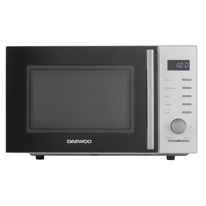 Cuptor cu microunde Daewoo KOR-25RBS, control digital, 25 litri, putere 850 W, 5 niveluri de putere, 8 retete presetate, display led alb, farfurie interioara de 28,5 cm, culoare: Silver