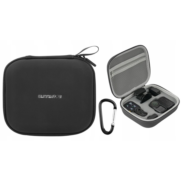 Husa, husa, geanta rigida, valiza pentru camera DJI Osmo Nano cu accesorii, Sunnylife, ON-B0102-D, neagra, setul include: husa, carabina, material: piele PU + EVA, usoara, durabila, constructie rigida, buzunar inchis pentru obiecte mici, design