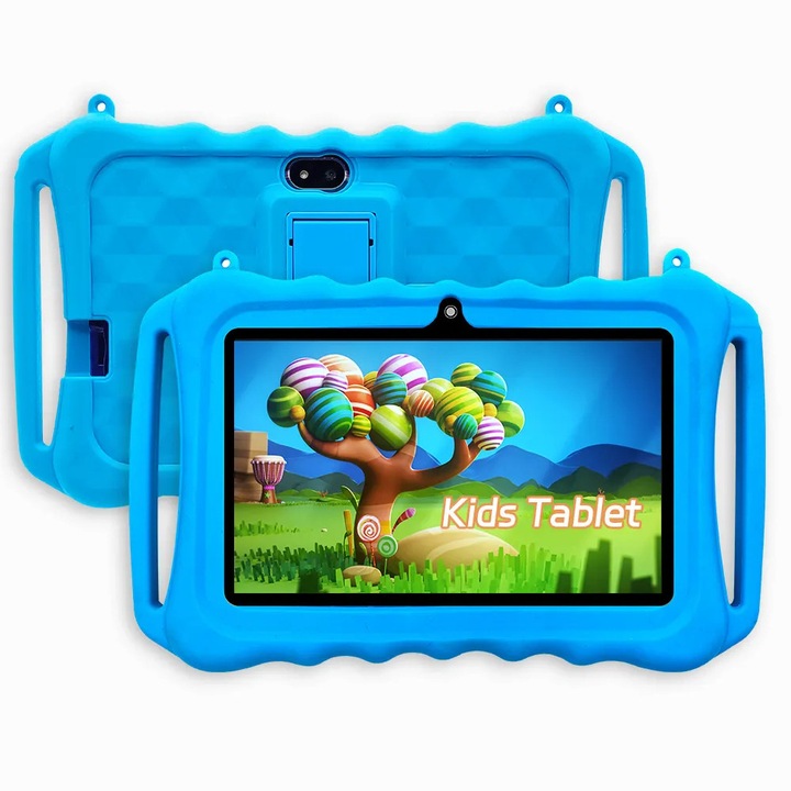Tableta educationala ZYTEQ®️K705 pentru copii, 7 inch, 2GB RAM + 32GB ROM, Android, 3-12 ani, aplicatii Play Store, carcasa rezistenta, jocuri distractive, ecran tactil HD, Bluetooth, WiFi, 2200mAh, albastra