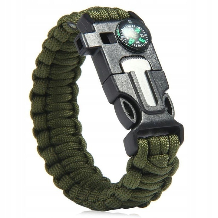 Многофункционална гривна за оцеляване с нож, свирка, компас, запалка и паракорд въже, зелено-черен модел – технически аксесоар за туризъм и дейности на открито