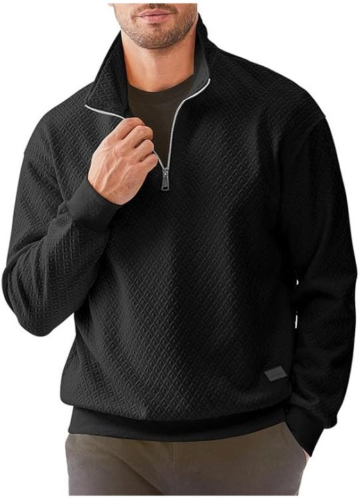 Bluza lejera pentru barbati, cu maneci lungi, pulover negru cu fermoar 1/4 M