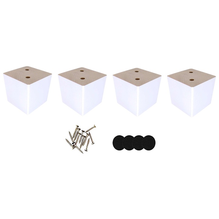 Краче за мебел от дърво, куб, бял лак, 5x5x5 см, винтове, филц