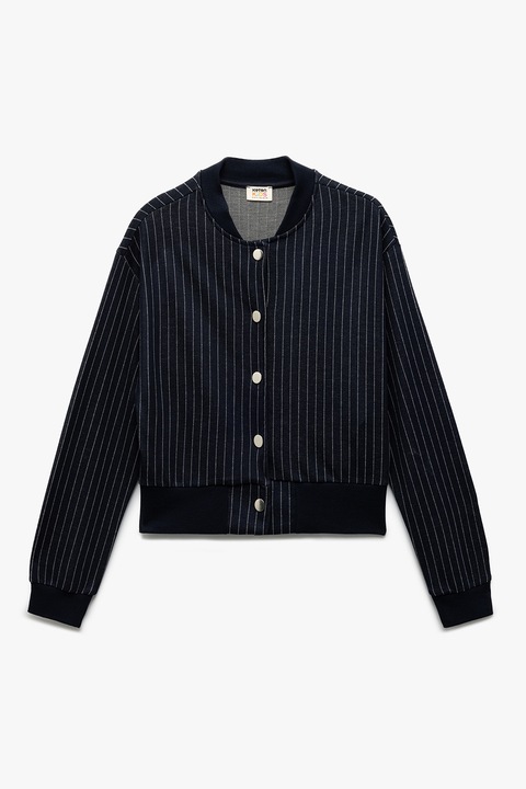 KOTON, Jacheta cu model in dungi si guler baseball, Alb/Bleumarin